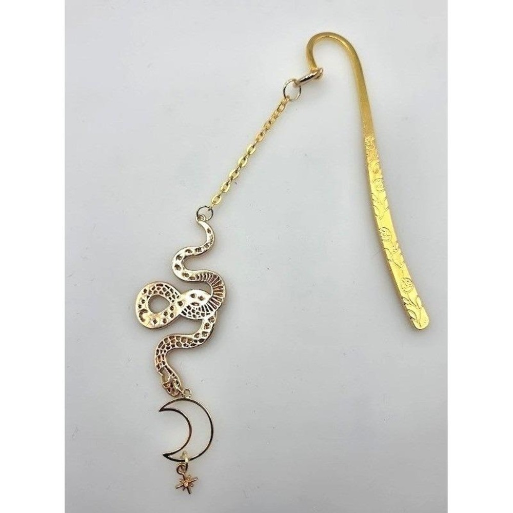 Handmade Bookmark Gold Rose Engraved Snake Lunar Moon Star Charm 6.5"